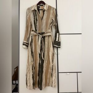 Neutral Stripe Long Shirt Dress with Waist Tie